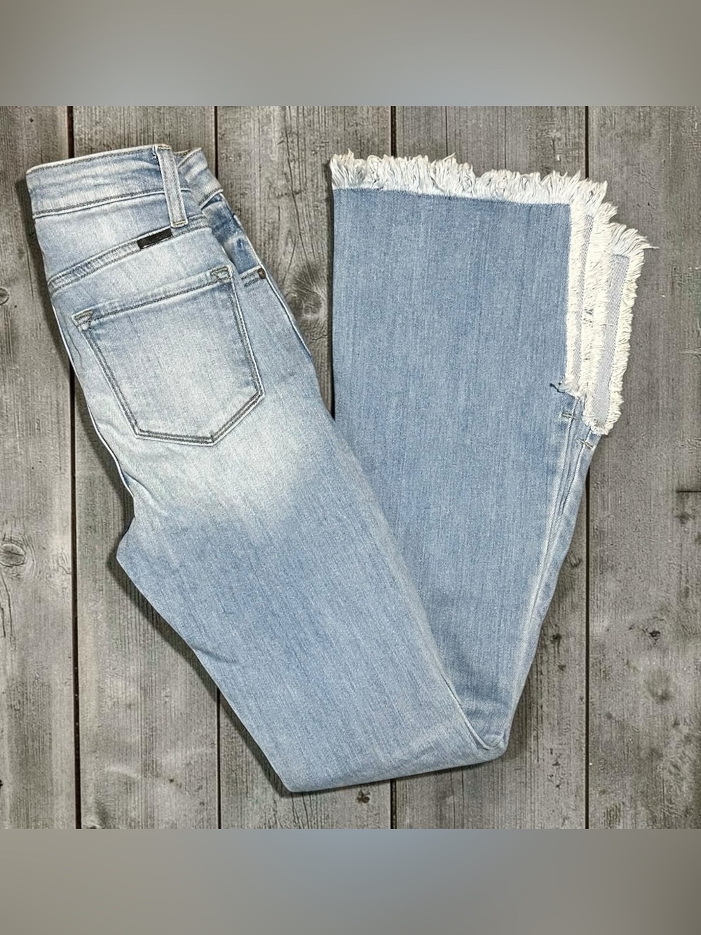 KanCan x Maurices Miley High Rise Flare Jeans 23 Light Wash Fringe Hem